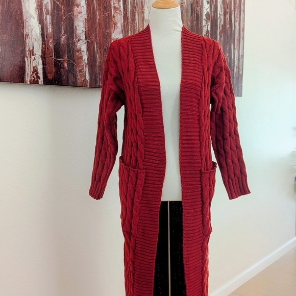 anrabess Sweaters - Elegant Red Open Front Cardigan